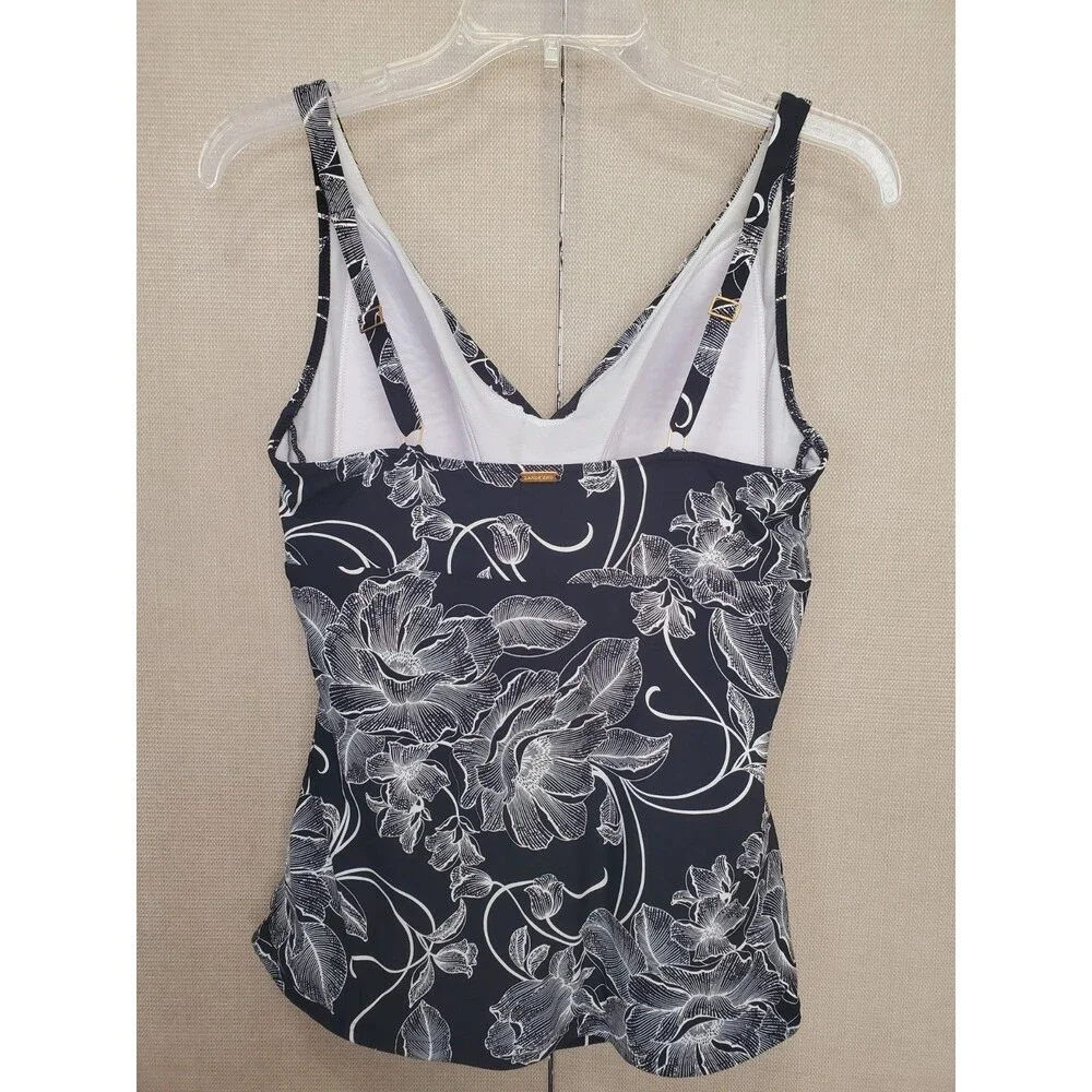 Lands' End Black Leaf Sketch Print Tankini Swim Top Size 12